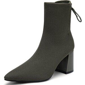 Women's Military Green Pointed Toe Ankle Boots Chunky Block Heel Sock Booties